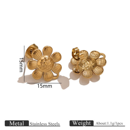 Picture of 2 PCs Eco-friendly PVD 304 Stainless Steel Ear Post Stud Earring With Loop Connector Accessories Wholesale Flower 18K Gold Plated 15mm x 15mm, Post/ Wire Size: 0.7mm(21 gauge)