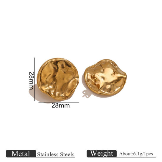 Picture of 2 PCs Eco-friendly PVD 304 Stainless Steel Ear Post Stud Earring With Loop Connector Accessories Wholesale Irregular 18K Gold Plated Round Disc 28mm x 28mm, Post/ Wire Size: 0.7mm(21 gauge)