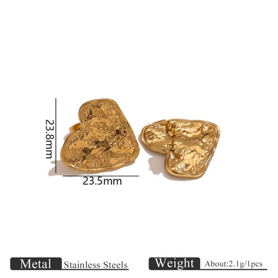 Picture of 2 PCs Eco-friendly PVD 304 Stainless Steel Ear Post Stud Earring With Loop Connector Accessories Wholesale Heart 18K Gold Plated 23.8mm x 23.5mm, Post/ Wire Size: 0.7mm(21 gauge)