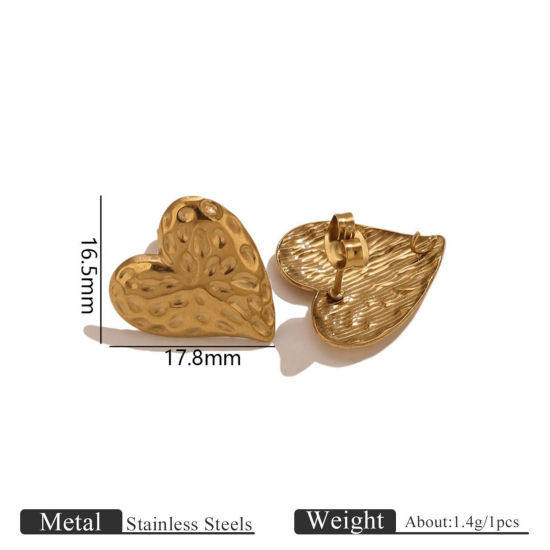 Picture of 2 PCs Eco-friendly PVD 304 Stainless Steel Ear Post Stud Earring With Loop Connector Accessories Wholesale Heart 18K Gold Plated 16.5mm x 17.8mm, Post/ Wire Size: 0.7mm(21 gauge)