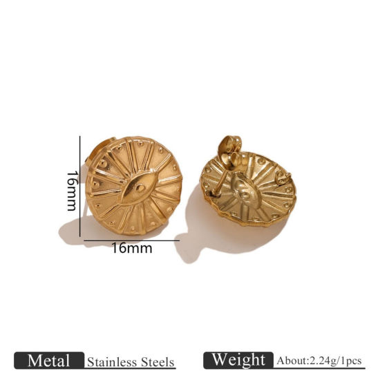 Picture of 2 PCs Eco-friendly PVD 304 Stainless Steel Ear Post Stud Earring With Loop Connector Accessories Wholesale Round 18K Gold Plated Eye 16mm x 16mm, Post/ Wire Size: 0.7mm(21 gauge)