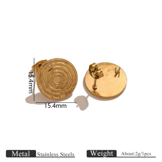 Picture of 2 PCs Eco-friendly PVD 304 Stainless Steel Ear Post Stud Earring With Loop Connector Accessories Wholesale Round 18K Gold Plated Spiral 15.4mm x 15.4mm, Post/ Wire Size: 0.7mm(21 gauge)