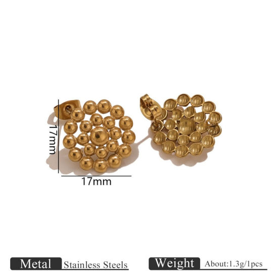 Picture of 2 PCs Eco-friendly PVD 304 Stainless Steel Ear Post Stud Earring With Loop Connector Accessories Wholesale Round 18K Gold Plated Dot 17mm x 17mm, Post/ Wire Size: 0.7mm(21 gauge)