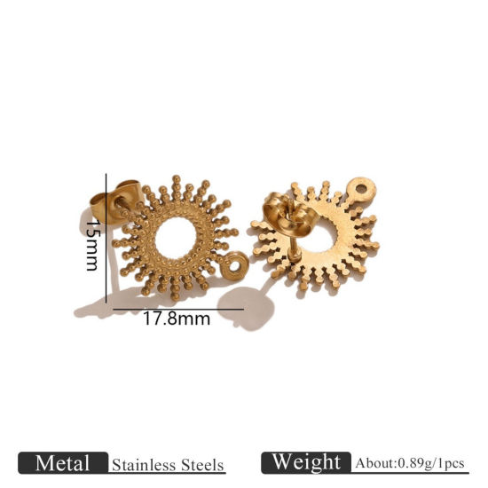 Picture of 2 PCs Eco-friendly PVD 304 Stainless Steel Ear Post Stud Earring With Loop Connector Accessories Wholesale Sun 18K Gold Plated 15mm x 17.8mm, Post/ Wire Size: 0.7mm(21 gauge)