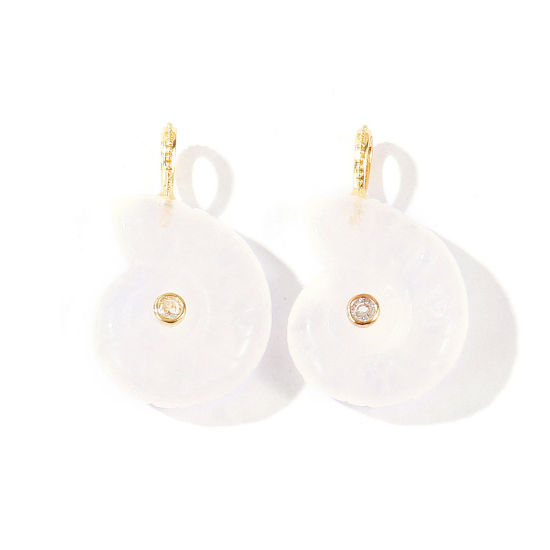 Picture of 1 Piece Brass & Gemstone Ocean Jewelry Charms Wholesale 18K Gold Plated White Conch/ Sea Snail Clear Cubic Zirconia 26mm x 21mm