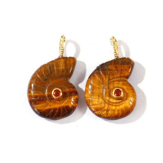 Picture of 1 Piece Brass & Gemstone Ocean Jewelry Charms Wholesale 18K Gold Plated Brown Conch/ Sea Snail Brown Cubic Zirconia 26mm x 21mm
