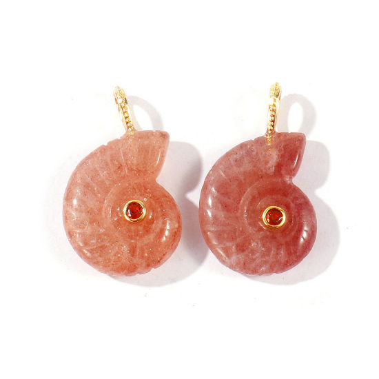 Picture of 1 Piece Brass & Gemstone Ocean Jewelry Charms Wholesale 18K Gold Plated Pink Conch/ Sea Snail Brown Cubic Zirconia 26mm x 21mm