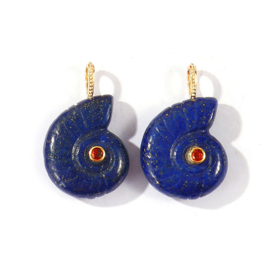 Picture of 1 Piece Brass & Gemstone Ocean Jewelry Charms Wholesale 18K Gold Plated Dark Blue Conch/ Sea Snail Brown Cubic Zirconia 26mm x 21mm