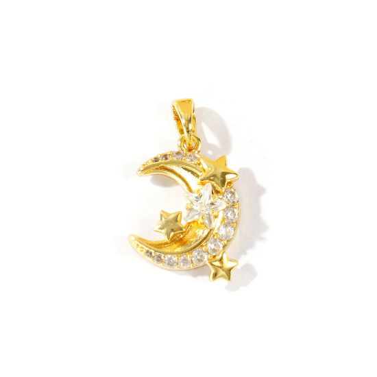 Picture of 1 Piece Brass Galaxy Charm Pendant Wholesale 18K Gold Plated Star And Crescent Moon Clear Cubic Zirconia 22mm x 13mm