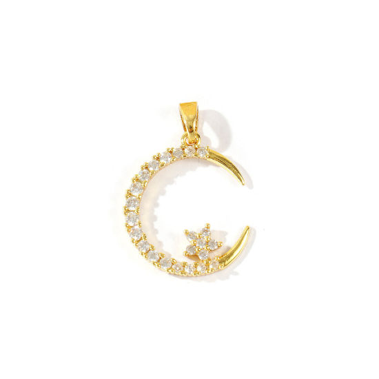 Picture of 1 Piece Brass Galaxy Charm Pendant Wholesale 18K Gold Plated Star And Crescent Moon Clear Cubic Zirconia 25mm x 18mm