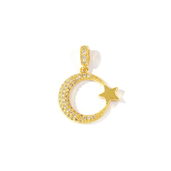 Picture of 1 Piece Brass Galaxy Charm Pendant Wholesale 18K Gold Plated Star And Crescent Moon Clear Cubic Zirconia 29mm x 22mm