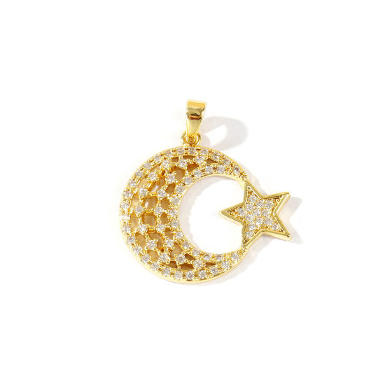 Picture of 1 Piece Brass Galaxy Charm Pendant Wholesale 18K Gold Plated Star And Crescent Moon Clear Cubic Zirconia 26mm x 23mm