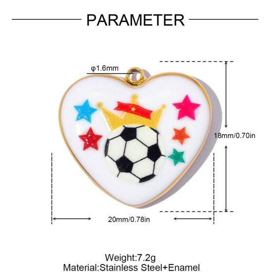 1 個 エコフレンドリー PVD 304ステンレス鋼 スポーツ チャーム 卸売り 18Kゴールドメッキ 多色 エナメル ハート サッカー 20mm x 18mm、 の画像