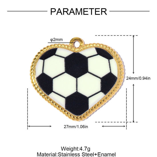 1 個 エコフレンドリー PVD 304ステンレス鋼 スポーツ チャーム 卸売り 18Kゴールドメッキ 黒 エナメル ハート サッカー 27mm x 24mm、 の画像