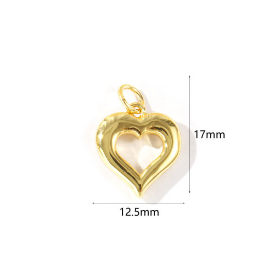 2 個 エコフレンドリー 真鍮 バレンタイン・デー チャーム 卸売り 18Kリアルゴールドメッキ ハート 透かし 17mm x 12.5mm、 の画像