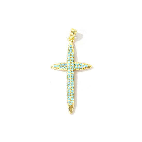 Picture of 2 PCs Brass Religious Pendants Wholesale 18K Real Gold Plated Cross Micro Pave Blue Cubic Zirconia 4.4cm x 2.1cm