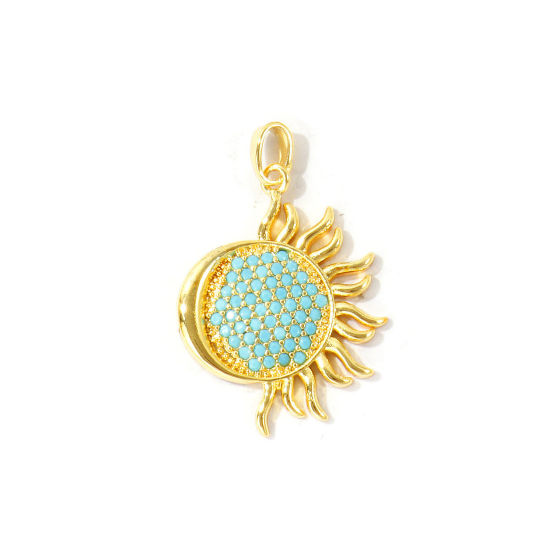 Picture of 2 PCs Brass Galaxy Pendants Wholesale 18K Real Gold Plated Sun Micro Pave Blue Cubic Zirconia 3.1cm x 2cm