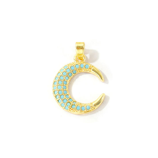 Picture of 2 PCs Brass Galaxy Charm Pendant Wholesale 18K Real Gold Plated Half Moon Micro Pave Blue Cubic Zirconia 22mm x 14mm