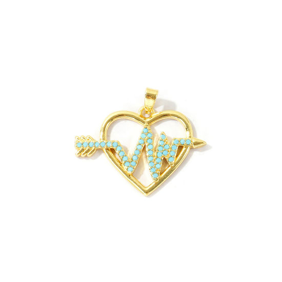 Picture of 2 PCs Brass Valentine's Day Charm Pendant Wholesale 18K Real Gold Plated Arrow Through Heart Micro Pave Blue Cubic Zirconia 26mm x 23mm