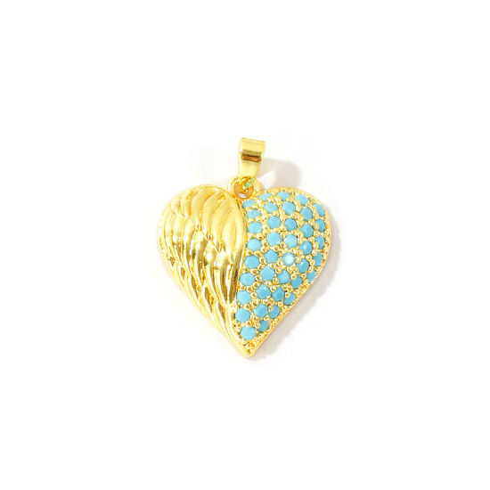 Picture of 2 PCs Brass Valentine's Day Charm Pendant Wholesale 18K Real Gold Plated Heart Micro Pave Blue Cubic Zirconia 23mm x 17mm