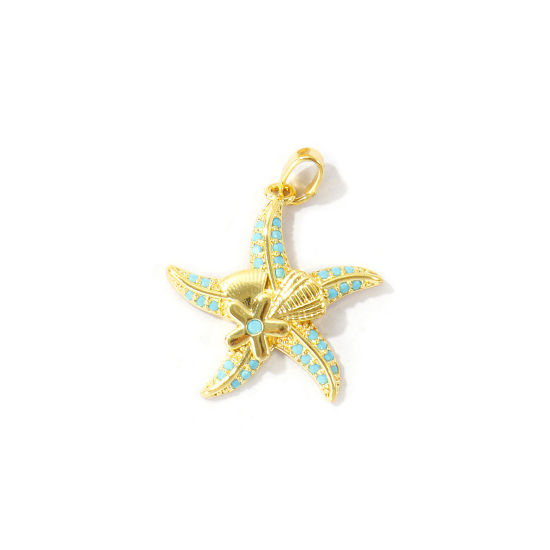 Picture of 2 PCs Brass Ocean Jewelry Charm Pendant Wholesale 18K Real Gold Plated Starfish Micro Pave Blue Cubic Zirconia 27mm x 22mm