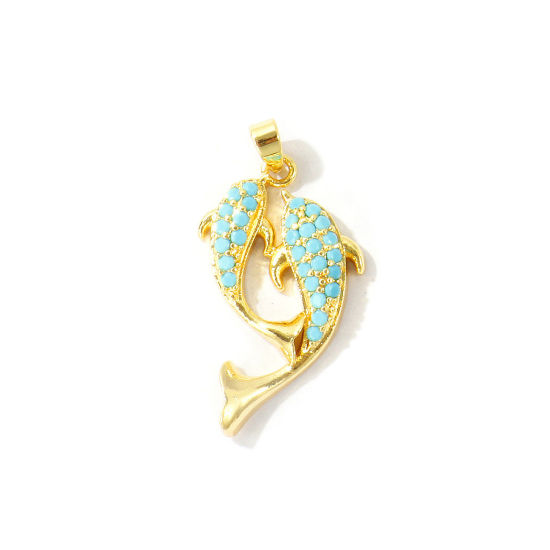 Picture of 2 PCs Brass Ocean Jewelry Pendants Wholesale 18K Real Gold Plated Fish Animal Micro Pave Blue Cubic Zirconia 3.1cm x 1.6cm