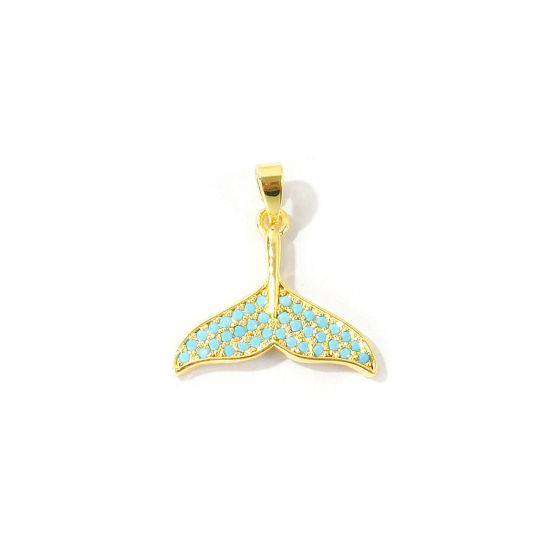 Picture of 2 PCs Brass Charm Pendant Wholesale 18K Real Gold Plated Fishtail Micro Pave Blue Cubic Zirconia 21mm x 19mm