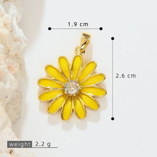 Image de 1 Pièce Pendentif Breloque En Gros en Laiton Plaqué Or 18K Jaune Marguerite Émail à Zircone Cubique Clair 26mm x 19mm