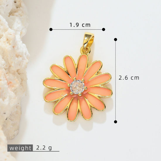 Image de 1 Pièce Pendentif Breloque En Gros en Laiton Plaqué Or 18K Rose Marguerite Émail à Zircone Cubique Clair 26mm x 19mm