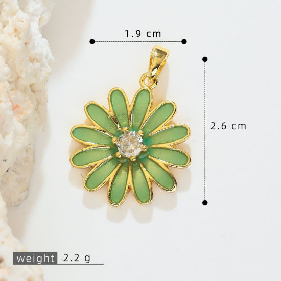 Image de 1 Pièce Pendentif Breloque En Gros en Laiton Plaqué Or 18K Vert Clair Marguerite Émail à Zircone Cubique Clair 26mm x 19mm