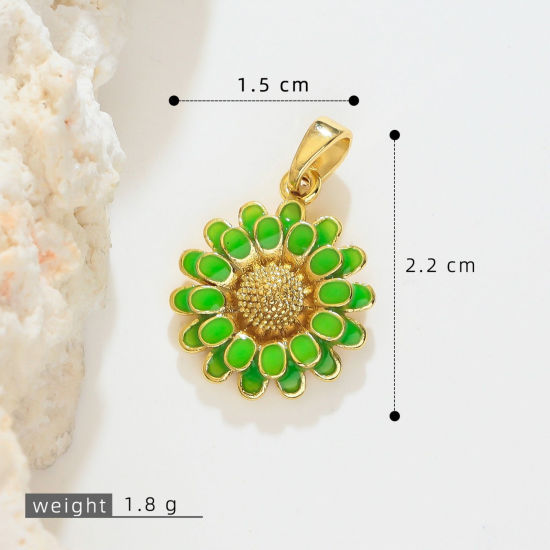 Image de 1 Pièce Pendentif Breloque En Gros en Laiton Plaqué Or 18K Vert Marguerite Émail 22mm x 15mm