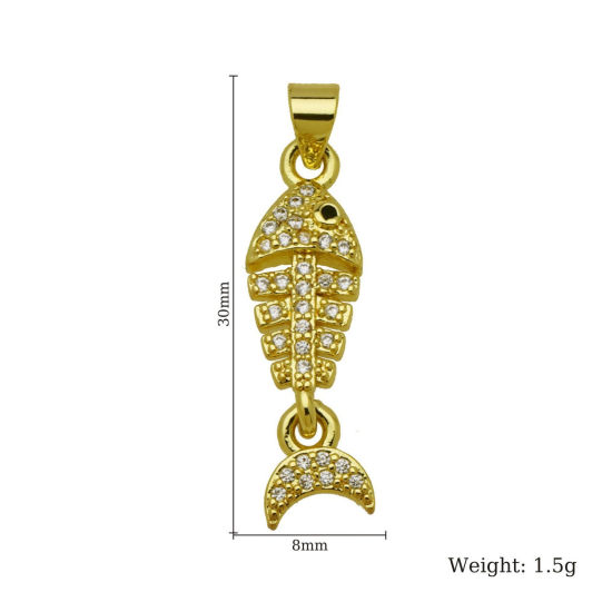 2 個 真鍮 海ジュエリー ペンダント 卸売り 18Kゴールドメッキ 魚の骨 マイクロパヴェ クリア ジルコン 3cm x 0.8cm、 の画像