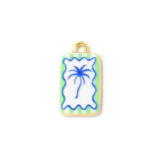 Image de 2 Pcs Breloques En Gros Bijoux d'Océan Respectueux de la Nature en Laiton Plaqué Or Véritable 18K Bleu Foncé Rectangle Cocotier Imprimé 23mm x 12.5mm