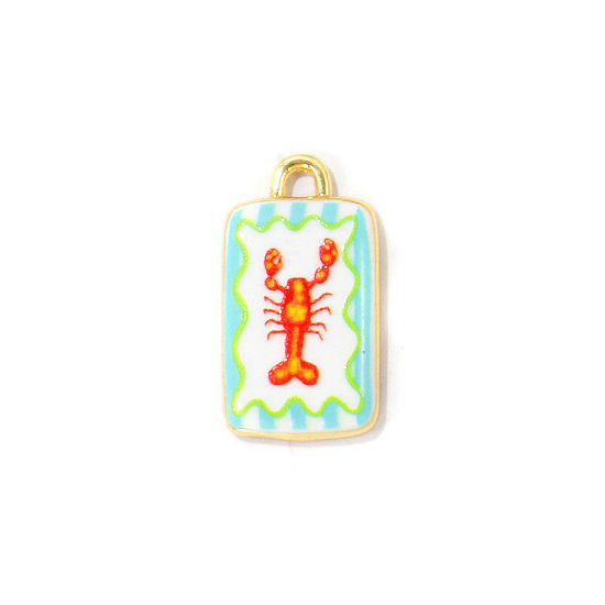 Image de 2 Pcs Breloques En Gros Bijoux d'Océan Respectueux de la Nature en Laiton Plaqué Or Véritable 18K Rouge Rectangle Homard Imprimé 23mm x 12.5mm