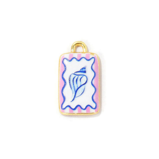 Image de 2 Pcs Breloques En Gros Bijoux d'Océan Respectueux de la Nature en Laiton Plaqué Or Véritable 18K Bleu Rectangle Conque Imprimé 23mm x 12.5mm