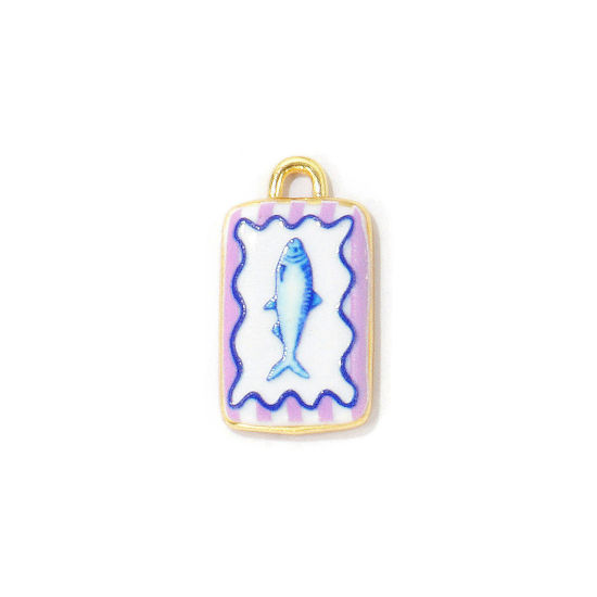 Image de 2 Pcs Breloques En Gros Bijoux d'Océan Respectueux de la Nature en Laiton Plaqué Or Véritable 18K Bleu Rectangle Poisson Imprimé 23mm x 12.5mm