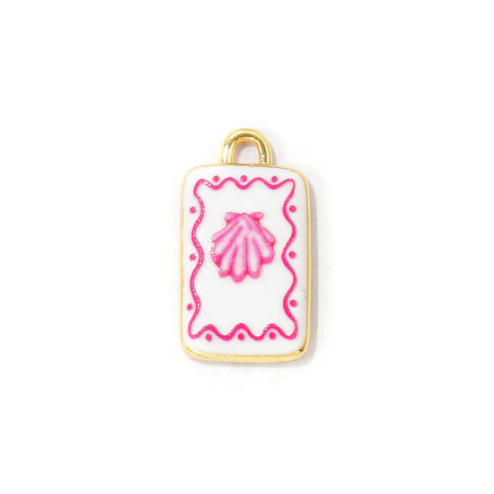 Image de 2 Pcs Breloques En Gros Bijoux d'Océan Respectueux de la Nature en Laiton Plaqué Or Véritable 18K Rose Rectangle Coquilles Imprimé 23mm x 12.5mm