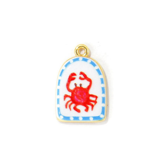 Image de 2 Pcs Breloques En Gros Bijoux d'Océan Respectueux de la Nature en Laiton Plaqué Or Véritable 18K Rouge Demi Ovale Crabe Imprimé 22.5mm x 15mm