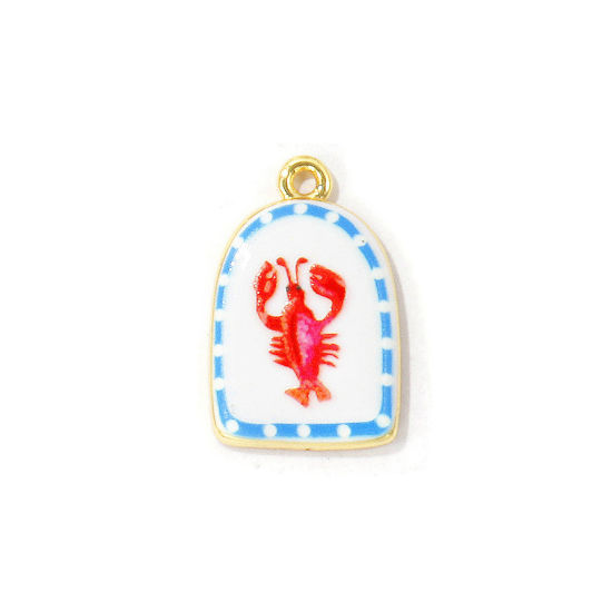 Image de 2 Pcs Breloques En Gros Bijoux d'Océan Respectueux de la Nature en Laiton Plaqué Or Véritable 18K Rouge Demi Ovale Homard Imprimé 22.5mm x 15mm