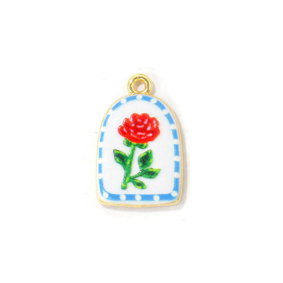 Image de 2 Pcs Breloques En Gros La Saint Valentin Respectueux de la Nature en Laiton Plaqué Or Véritable 18K Rouge Demi Ovale Rose Imprimé 22.5mm x 15mm