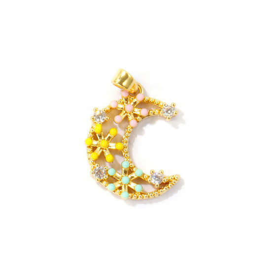 Picture of 2 PCs Brass Charm Pendant Wholesale 18K Real Gold Plated Multicolor Enamel Half Moon Flower Micro Pave Clear Cubic Zirconia 23mm x 15mm