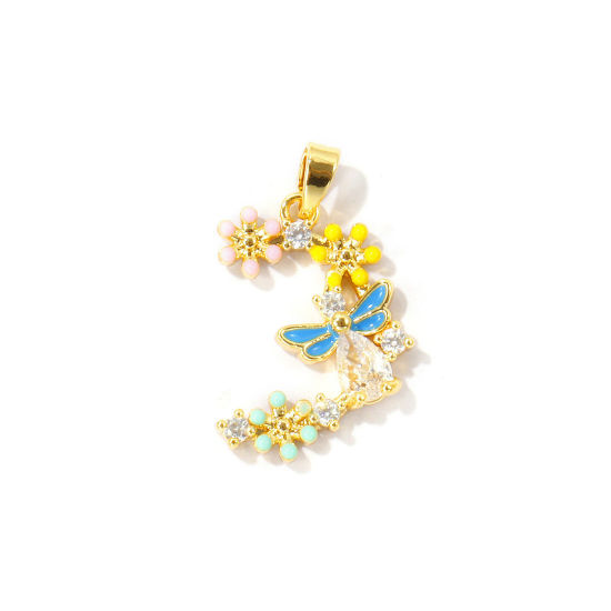 Picture of 2 PCs Brass Insect Charm Pendant Wholesale 18K Real Gold Plated Multicolor Enamel Half Moon Flower Micro Pave Clear Cubic Zirconia 25mm x 15mm