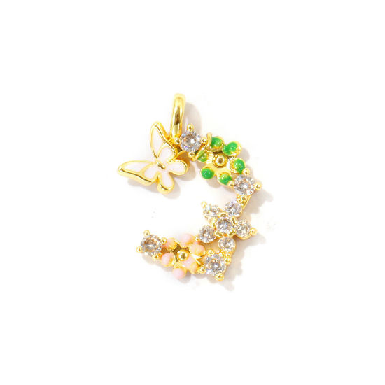 Picture of 2 PCs Brass Insect Charms Wholesale 18K Real Gold Plated Multicolor Enamel Half Moon Butterfly Micro Pave Clear Cubic Zirconia 21mm x 17mm