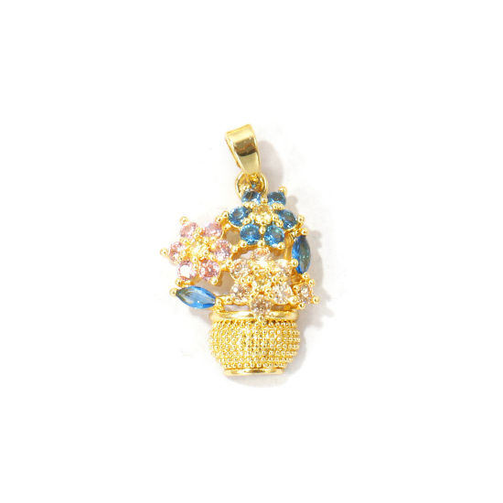 Picture of 2 PCs Brass Charms Wholesale 18K Real Gold Plated Flower Basket Micro Pave Multicolour Cubic Zirconia 24mm x 15mm