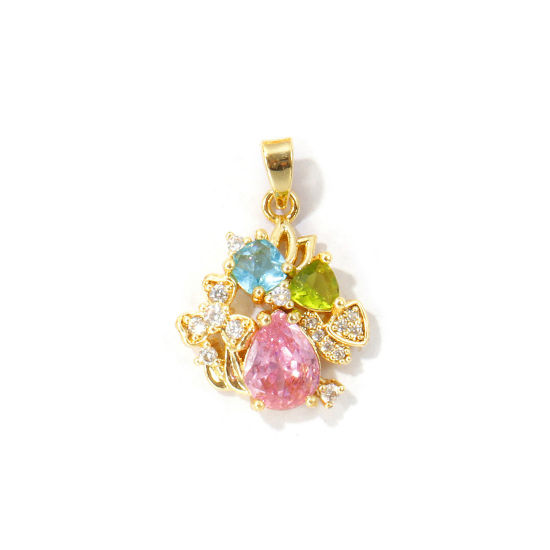 Picture of 2 PCs Brass Charms Wholesale 18K Real Gold Plated Flower Micro Pave Multicolour Cubic Zirconia 23mm x 15mm