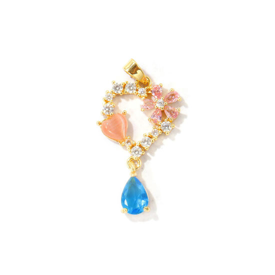 Picture of 2 PCs Brass Valentine's Day Pendants Wholesale 18K Real Gold Plated Heart Cat's Eye Imitation Multicolour Cubic Zirconia 3.1cm x 1.5cm
