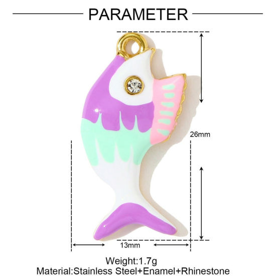 2 個 エコフレンドリー PVD 304ステンレス鋼 海ジュエリー チャーム 卸売り 18Kゴールドメッキ 紫 魚 エナメル 26mm x 13mm、 の画像