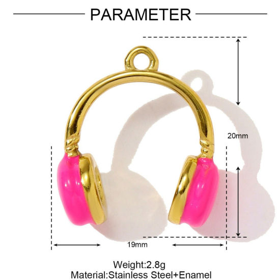 1 個 エコフレンドリー PVD 304ステンレス鋼 スポーツ チャーム 卸売り 18Kゴールドメッキ フクシア色 ヘッドフォン エナメル 20mm x 19mm、 の画像