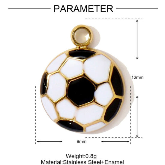 1 個 エコフレンドリー PVD 304ステンレス鋼 スポーツ チャーム 卸売り 18Kゴールドメッキ 黒 サッカー エナメル 12mm x 9mm、 の画像