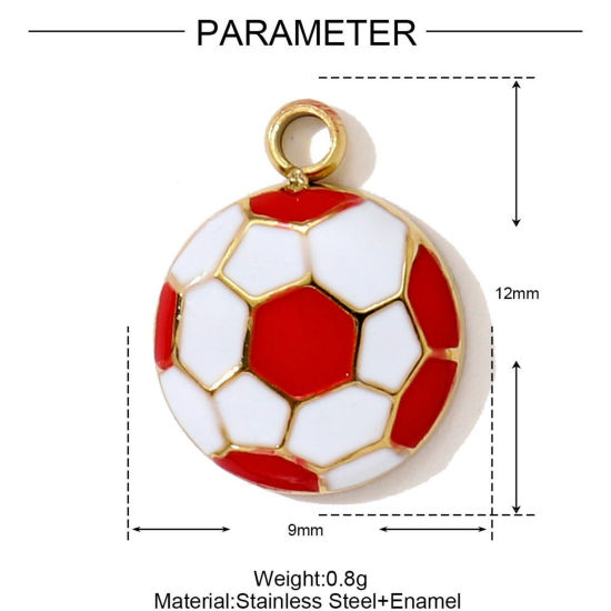 1 個 エコフレンドリー PVD 304ステンレス鋼 スポーツ チャーム 卸売り 18Kゴールドメッキ 赤 サッカー エナメル 12mm x 9mm、 の画像